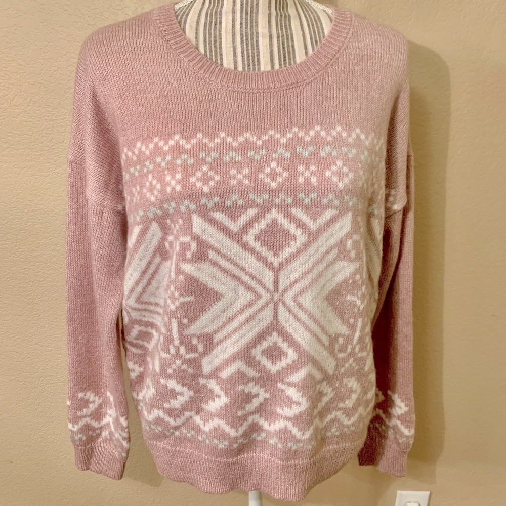NWT Hippie Rose Sweater Large Pastel Pink White Geometric Pattern CrewNeck NEW
